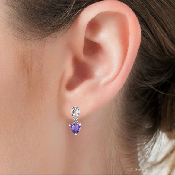 Amethyst Heart Diamond Drop Earrings Sterling 925 Silver February Aquarius Lilac